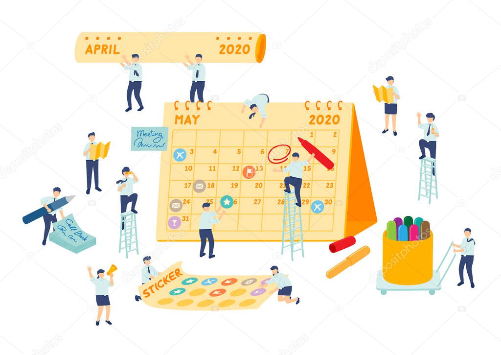 Work schedule employee teamwork management, Miniature assembly team staff make planning calendar, Business metaphor concept, Poster or social banner design, Vector illustration isolated background