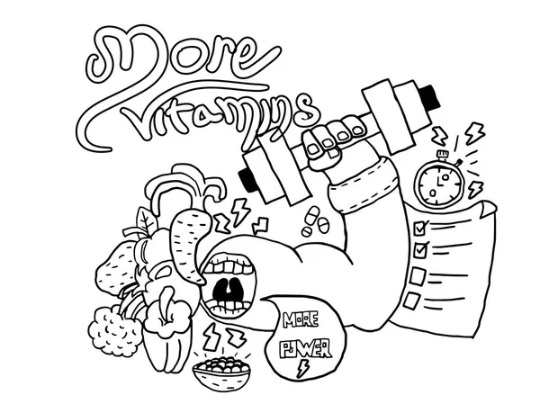 kas büyüme ve sağlık bakım için faydalı ürünler, güçlü bir canlandı el yükseltir bir ağır halter, vektör görüntü, doodle tarzı, siyah ve beyaz IMAG