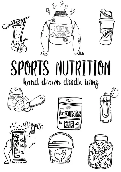 Sportovní výživa pro růst svalů, kulturistika potraviny, potravinové doplňky, vektorový obrázek, sada sportovních ikon — Stockový vektor