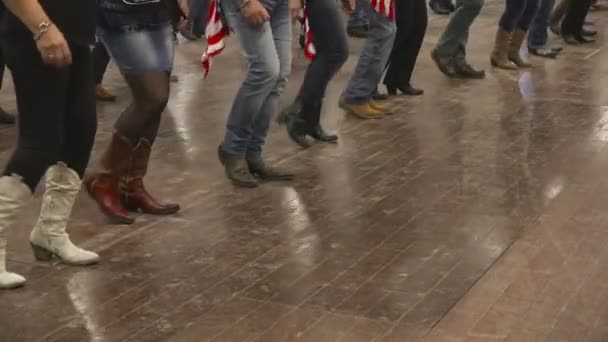 Western dancer dancing line dance at country festival USA flag — Stock Video