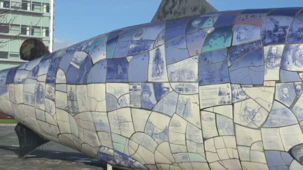 Belfast, heykel, şehir Simgesel Yapı ve Turizm cazibe Kuzey İrlanda büyük balık — Stok video