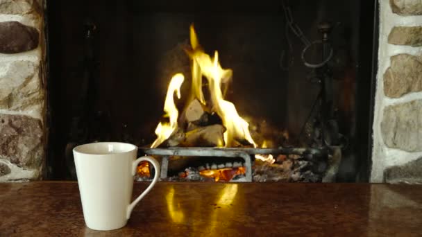 Vrouw voeten ontspannen mok open haard wintervakantie opwarming van de aarde — Stockvideo