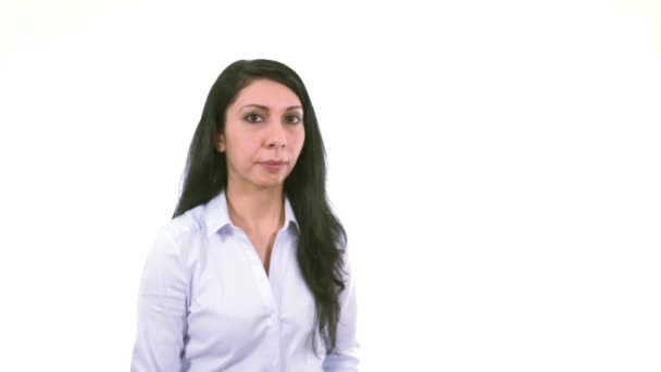 Geschäftsfrau zeigt Daumen hoch Wort sichere Einigung Erfolg weichen Fokus — Stockvideo
