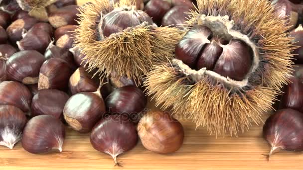 Sladké kaštany na dřevěný stůl s calybium, Castanea sativa spadají potraviny — Stock video