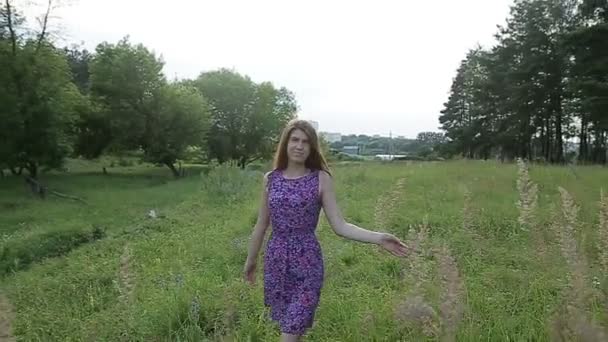 Candid skipping carefree adorable woman in field with flowers at summer sunset. — Stock Video