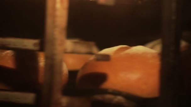 Pão, pão, pão assado na rotação do forno, close-up — Vídeo de Stock