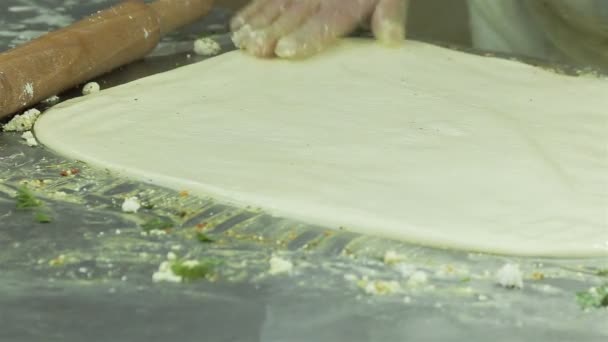 Het proces van het maken van kaas broodje met kruiden en specerijen — Stockvideo