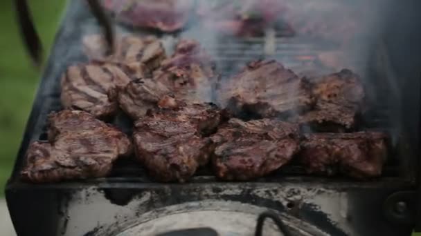 Närbild biffar på grillen — Stockvideo