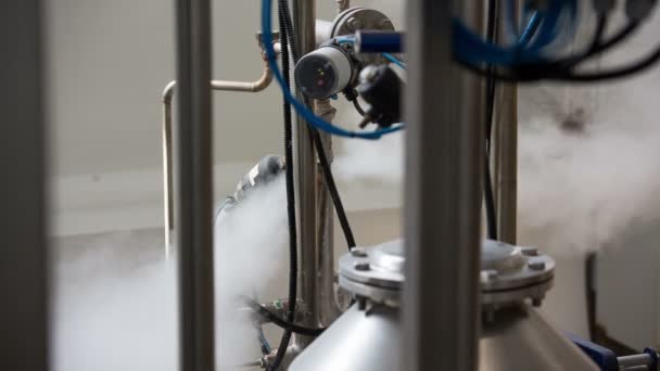 Gas eller ånga läcker ut från en industriell manometer. — Stockvideo