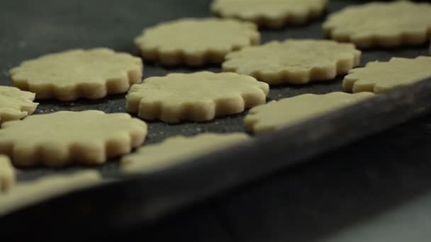 Mulher mão colocando massa de biscoito na assadeira . — Vídeo de Stock
