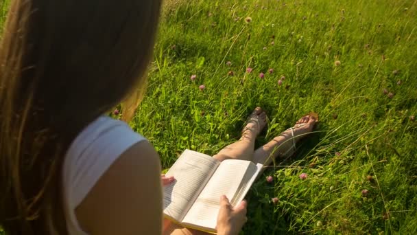 Menina leitura livro na natureza — Vídeo de Stock