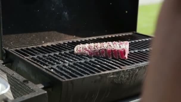 Bife sendo cozido no churrasco — Vídeo de Stock