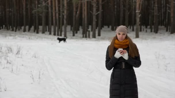 Uma rapariga bonita nos bosques de Inverno a tirar uma selfie. Perto corre um cão preto — Vídeo de Stock