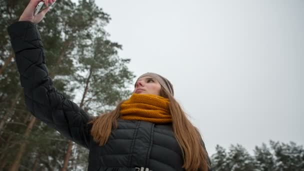 Kız selfie kış parkta yapar. — Stok video