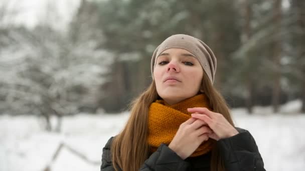 Piękna dziewczyna uśmiechając się do kamery w zimie — Wideo stockowe
