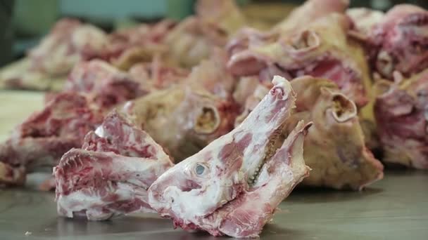 Cabeza de cerdo cortada sin la piel. De cerca. — Vídeos de Stock