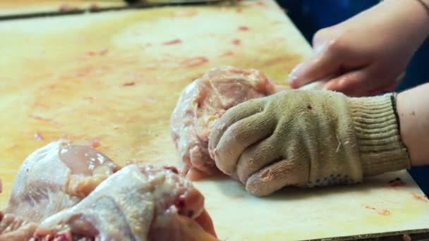 Vleeskuikens kip snijden op factory — Stockvideo