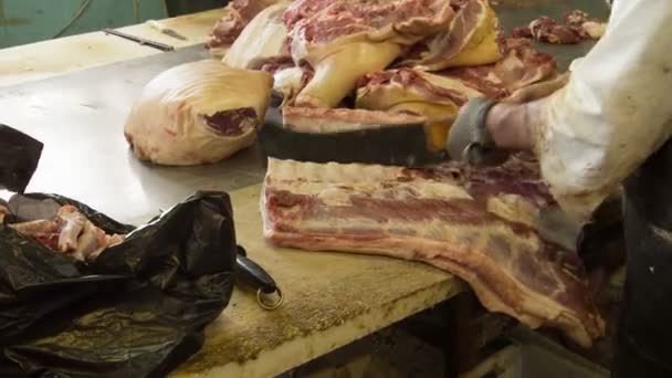 Un carnicero corta la canal de cerdo — Vídeos de Stock
