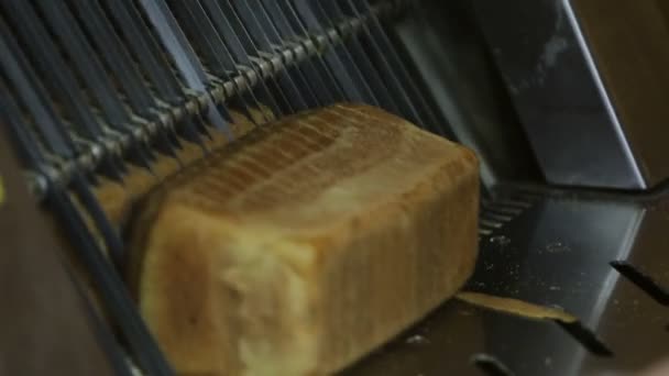 Machine voor het snijden van brood van dichtbij — Stockvideo