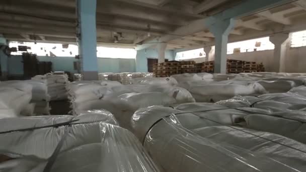 Bags with flour in warehouse of flour factory. — Stock Video