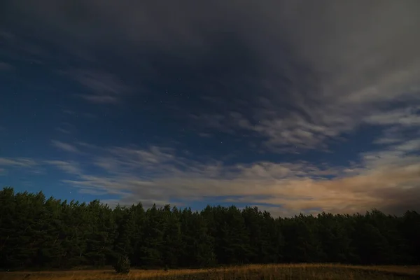 Night landscape with a full moon. Starry sky with clouds.