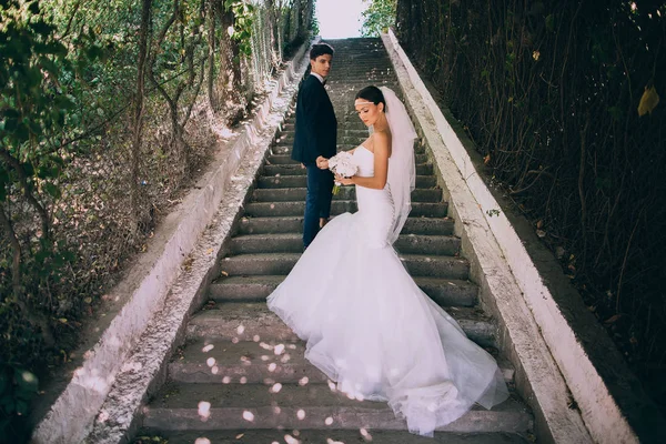 Casal feliz nas escadas — Fotografia de Stock