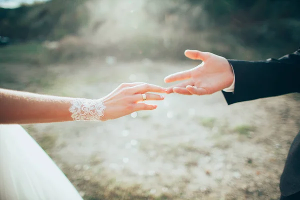 Düğün çifti el ele tutuşuyor. — Stok fotoğraf