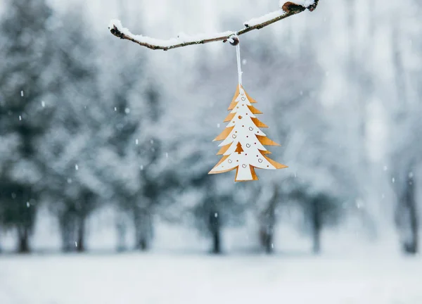 Juguete Navidad Colgado Una Rama Cubierta Nieve Parque —  Fotos de Stock