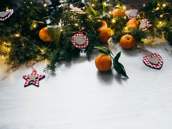 Fondo Madera Navidad Con Abeto Naranjas Decoración —  Fotos de Stock