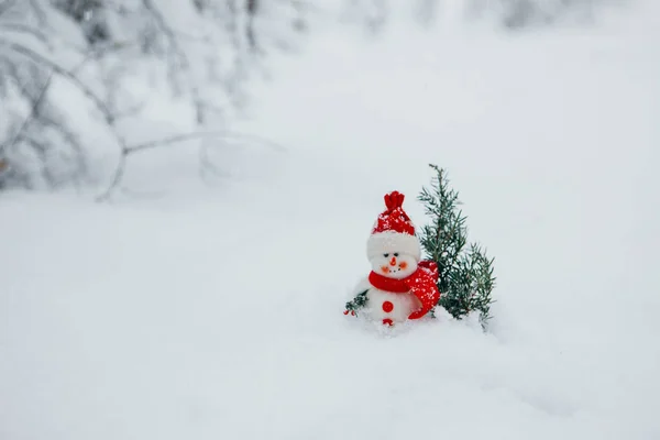 Scène Hiver Avec Arbre Noël Bonhomme Neige — Photo