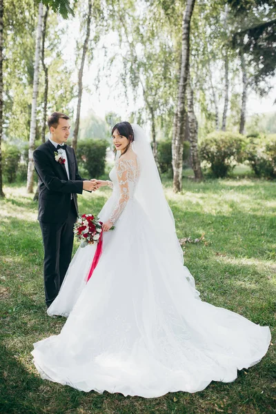 Junges Hochzeitspaar Posiert Gemeinsam Park — Stockfoto