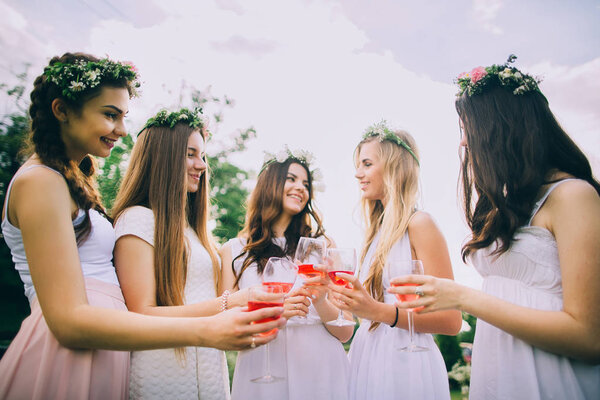 Girlfriends and bride celebrate hen party before the wedding