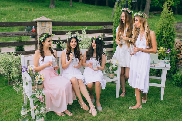 Girlfriends and bride celebrate hen party before the wedding