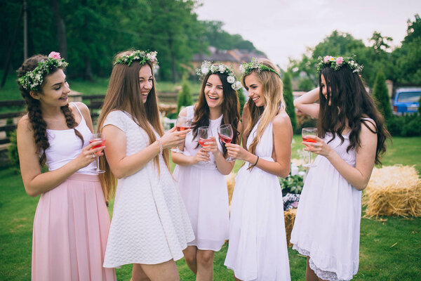 Girlfriends and bride celebrate hen party before the wedding