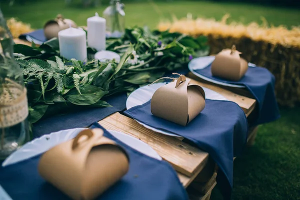 Wooden Table Setup Garden Party Dinner Reception Royalty Free Stock Images