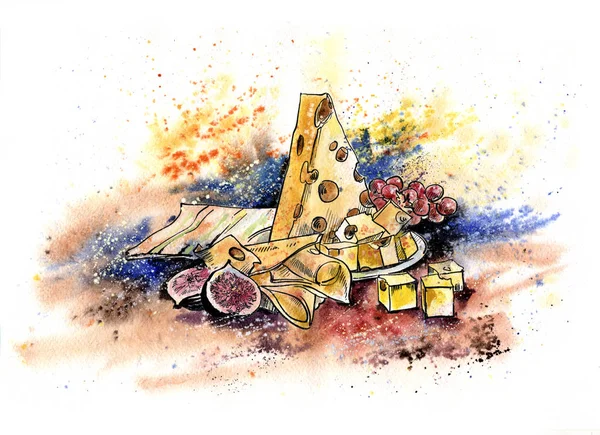 cheese still life, watercolor drawing, illustration, sketch, watercolor painting, paint, cheese, France, Breakfast, lunch, food