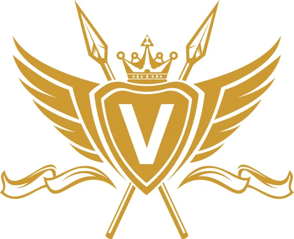 Эмблема логотипа буква на щите с короной, крылом, копье — стоковый вектор