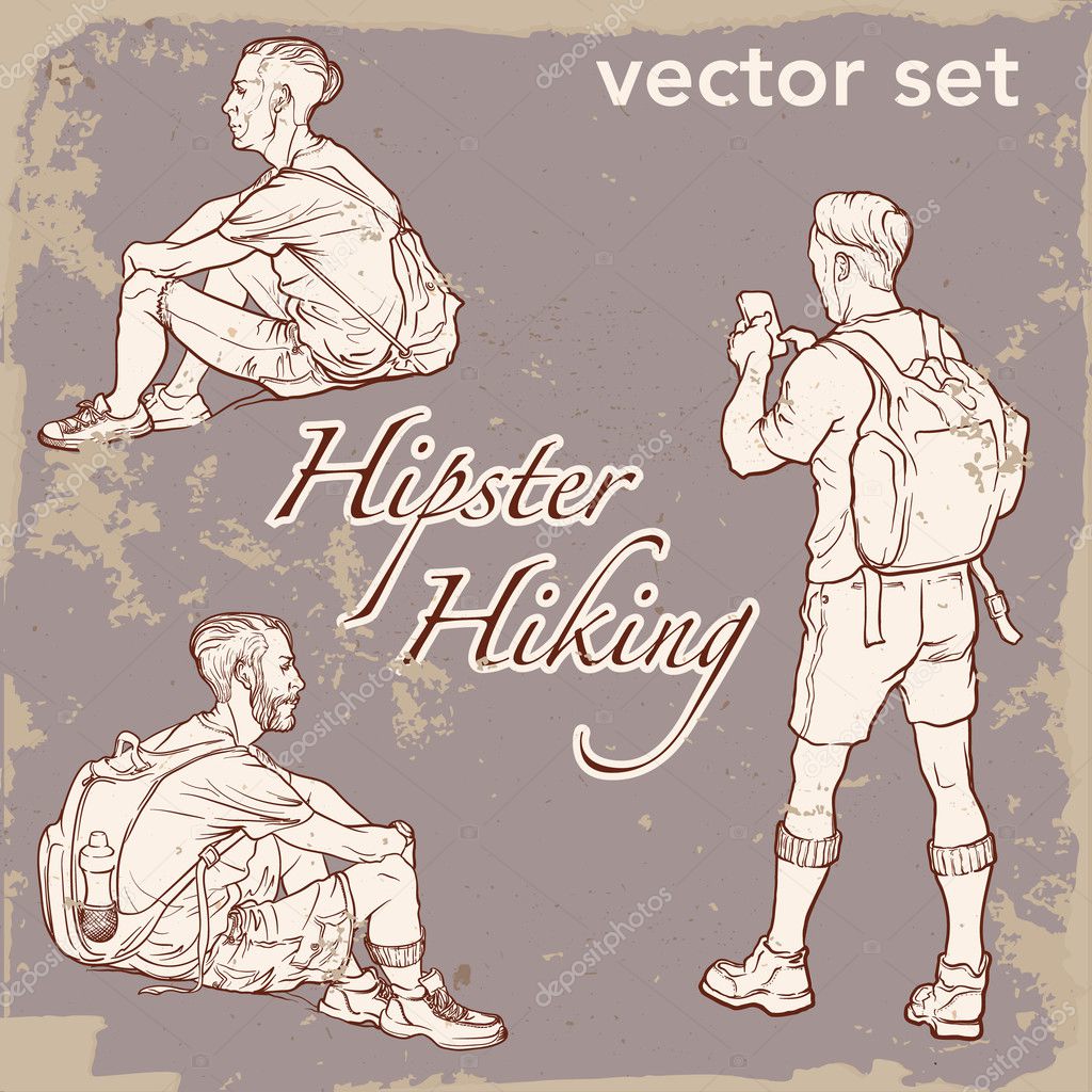 Set of backpackers on vintage background