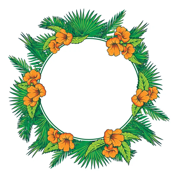 Palma hojas y flores círculo marco — Vector de stock