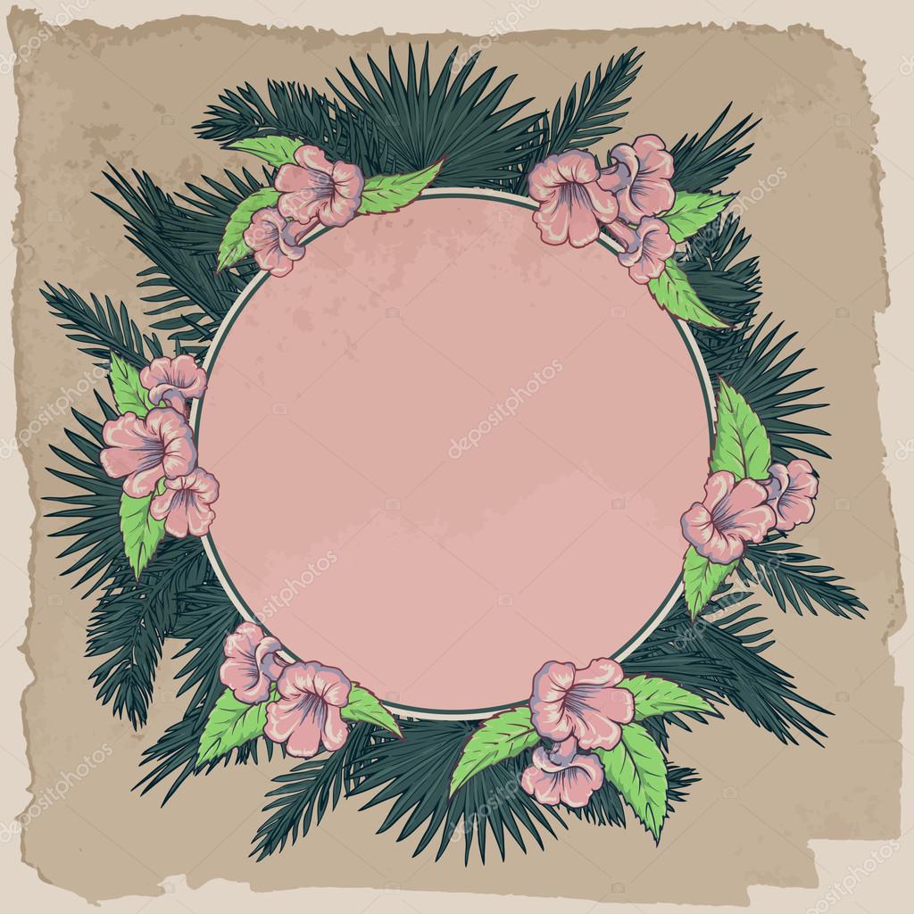 Foglie di albero di Palma e corona dei fiori giallo trumpetbush Modello di disegno di estate retr² Cornice circolare simmetrico decorativo