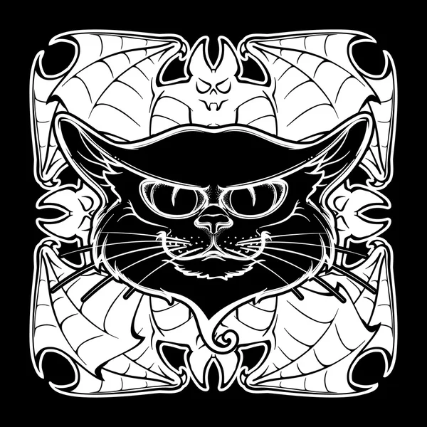 Cabeza de gato negro en alas de murciélago circular ornamento — Vector de stock