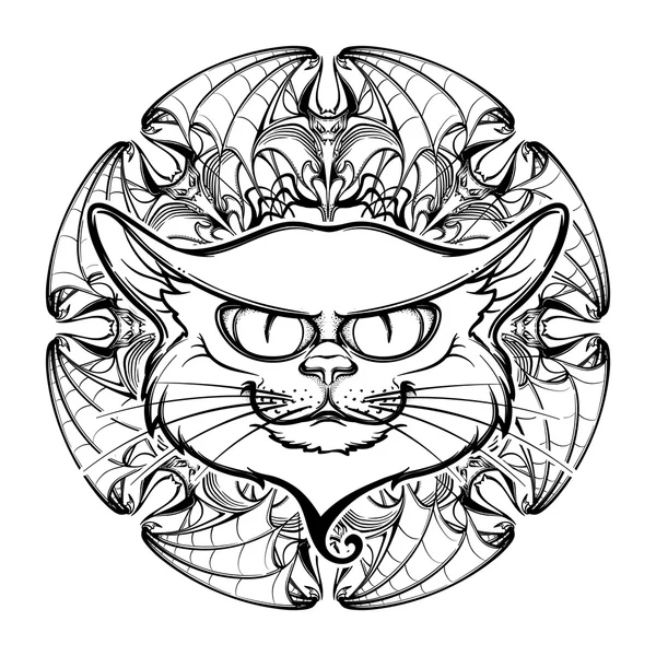 Cabeza de gato negro en alas de murciélago circular ornamento — Vector de stock