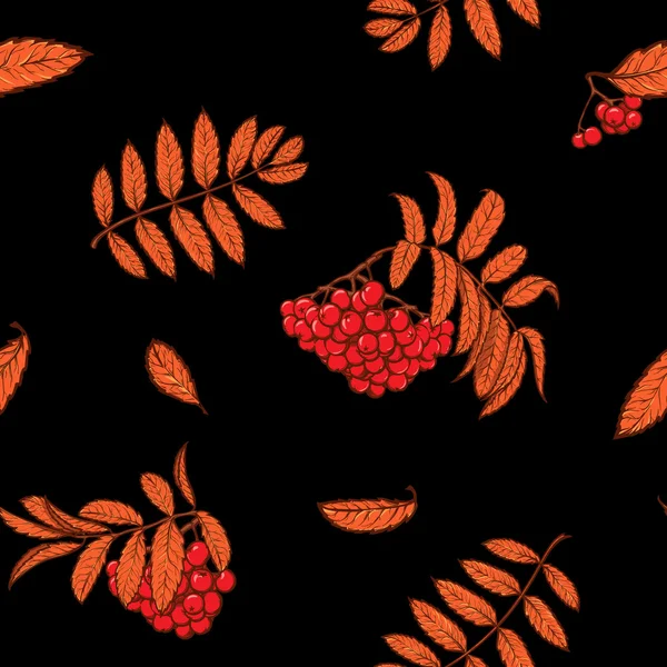 Autumn rowanberry leaves and berries seamless pattern Red  Black — Stock Vector