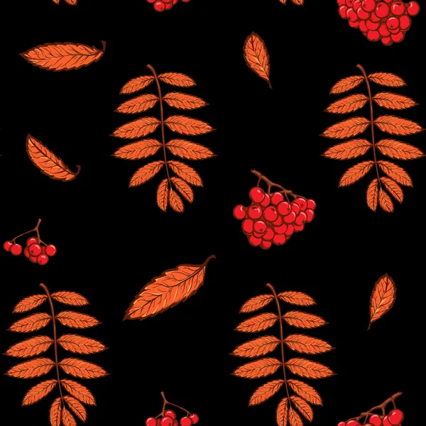 Autumn rowanberry leaves and berries seamless pattern Red  Black — Stock Vector