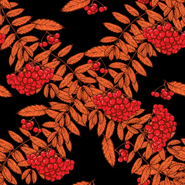 Autumn rowanberry leaves and berries seamless pattern Red  Black — Stock Vector