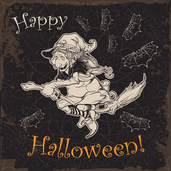 Witch flying on a broom sketch isolated white background — 图库矢量图片