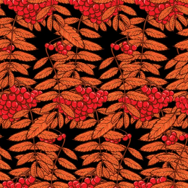 Autumn rowanberry leaves and berries seamless pattern Red Black — Stock Vector