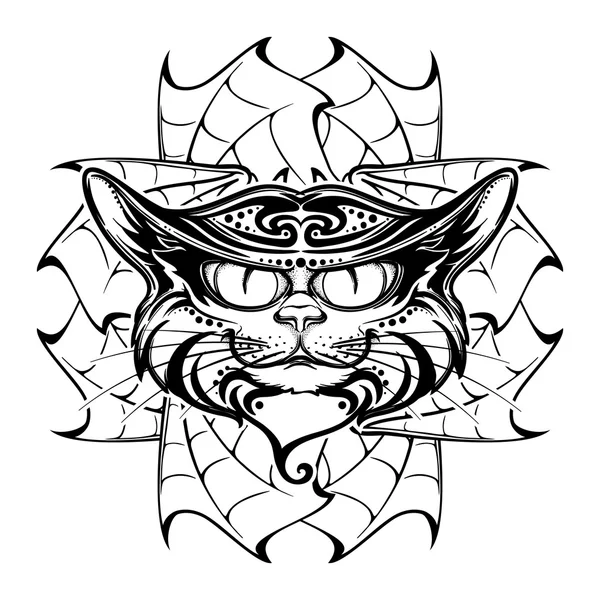 Czarny kot głowy na bat okrągłe skrzydła ornament — Wektor stockowy