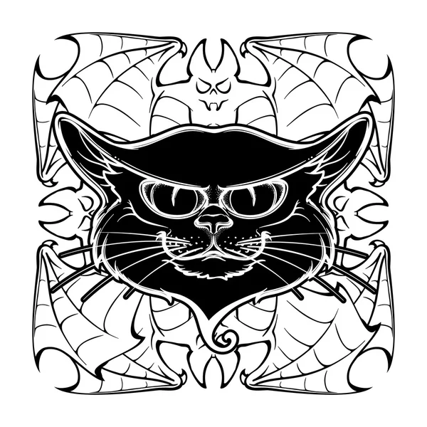 Cabeza de gato negro en alas de murciélago circular ornamento — Vector de stock