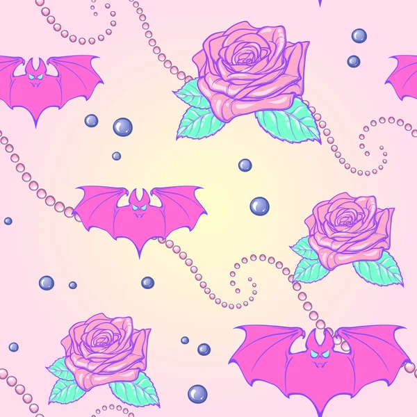 柔和的哥特月亮蝙蝠和珍珠无缝模式 — 图库矢量图片